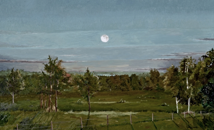 North Carolina artist J. Chris Wilson's Landscape Painting "Moon Rising over the Pittsboro Exchange, Chatham County" from "From Murphy to Manteo--An Artist's Scenic Journey"